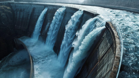 Water cascading down the face of a dam, forming a breathtaking waterfall as excess water is released from the reservoir.の素材