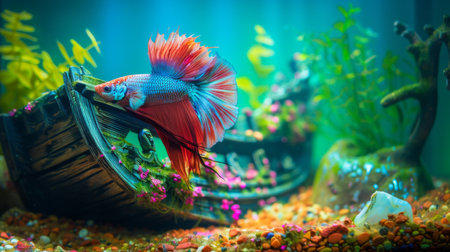 A Betta fish exploring a decorative shipwreck ornament in its aquarium, its curious nature adding a sense of adventure to its underwater world.の素材