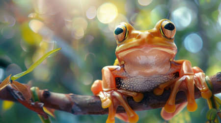 A frog perched on a tree branch, its golden eyes and wide smile capturing the whimsical personality of these beloved creatures.の素材