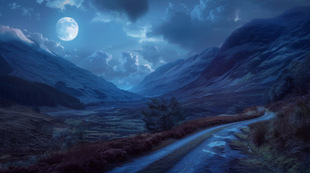 A mountain road illuminated by the soft glow of moonlight, casting shadows and creating an enchanting nocturnal scene in the highlands.の素材