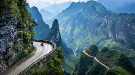 A narrow mountain road carved into sheer cliffs, offering adrenaline-inducing views and hairpin turns for adventurous drivers.の素材