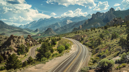 A panoramic shot of a scenic mountain highway, surrounded by towering peaks and winding its way through rugged terrain.の素材