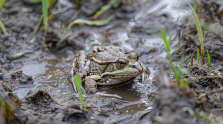 A frog blending into the muddy banks of a marsh, its mottled skin providing camouflage as it waits patiently for passing prey.の素材