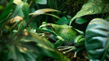 A frog nestled among lush vegetation in a tropical rainforest, its vibrant green skin blending harmoniously with the surrounding foliage.の素材
