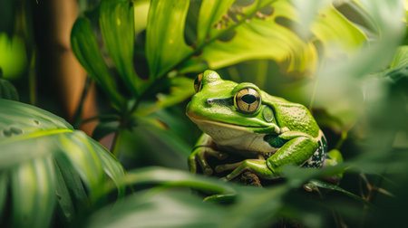 A frog nestled among lush vegetation in a tropical rainforest, its vibrant green skin blending harmoniously with the surrounding foliage.の素材