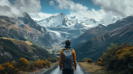 A hiker pausing to admire the view from a mountain road, with snow-capped peaks and lush valleys stretching out in all directions.の素材