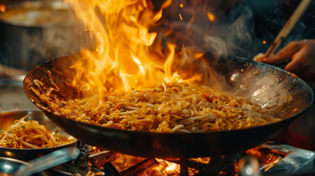 fried noodles cook in pan with big fire flame is hong kong style. Pad Thai favorite and famous Asian Thai street fast food in hot pan,の素材