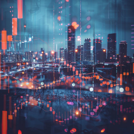 Abstract glowing big data forex candlestick chart on blurry city backdrop. Trade, technology, investment and analysis concept.の素材