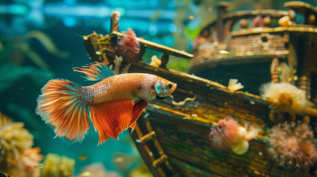 A Betta fish exploring a decorative shipwreck ornament in its aquarium, its curious nature adding a sense of adventure to its underwater world.の素材