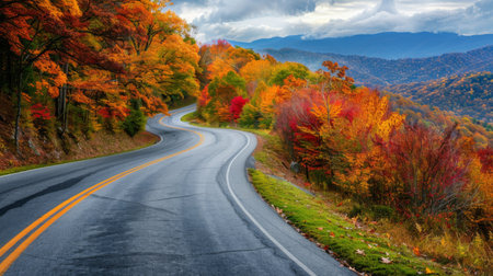 A winding mountain road flanked by colorful autumn foliage, the vibrant leaves creating a picturesque backdrop for travelers.の素材