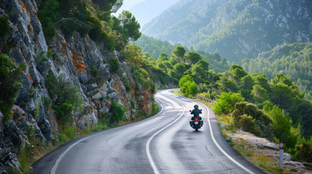 A motorcyclist navigating a winding mountain road, leaning into a curve as they enjoy the thrill of the scenic ride.の素材