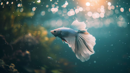 A Betta fish swimming gracefully in a tank illuminated by soft, ambient lighting, creating a serene and enchanting underwater scene.の素材