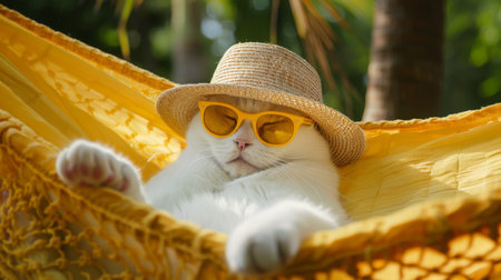 Funny white cat in a straw hat and yellow glasses resting in a yellow fabric hammockの素材