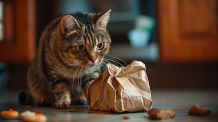 A plump cat pawing at a bag of treats, its persistence and determination evident as it tries to open the bag and access its favorite snacks.の素材