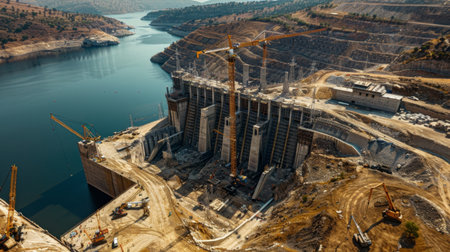 Aerial view of a dam under construction, with cranes and scaffolding dotting the landscape as workers labor to complete the monumental structure.の素材
