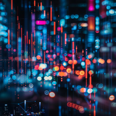 Abstract glowing big data forex candlestick chart on blurry city backdrop. Trade, technology, investment and analysis concept.の素材