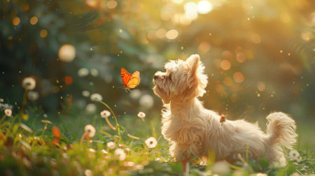 cute fluffy friends a cat and a dog catch a flying butterfly in a sunny summer gardenの素材