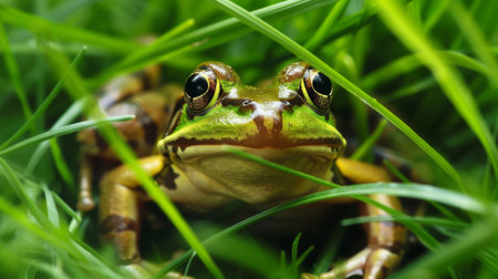 A frog peeking out from a clump of grass, its curious gaze and alert posture showcasing the intelligence and adaptability of amphibians.の素材