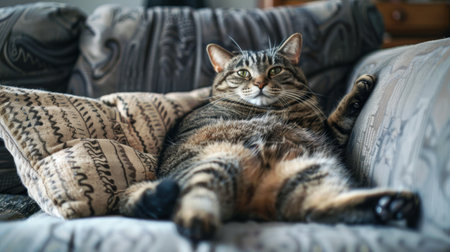An overweight cat lounging on a couch, its relaxed demeanor and satisfied expression indicating its love for a life filled with food and comfort.の素材