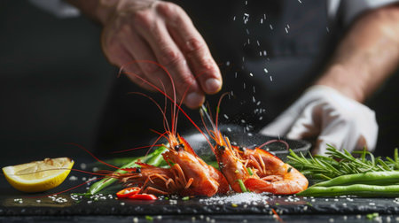 Chef preparing sea food, praying mantis shrimp with lemon and hot pepper and green beans, East Asian cuisine, dilikates, vegetarianの素材