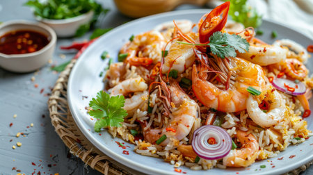 Seafood Tom Yum Fried Rice,Stir fried rice with shrimp and squid with chilli sauce on white plateの素材