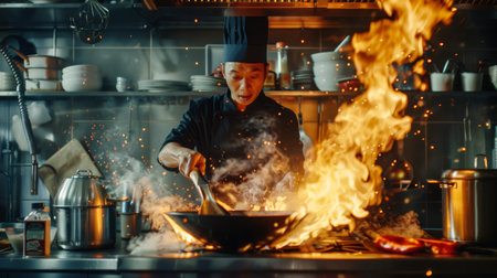 Chef stir fry in wok. Dramatic cooking with fire hard at kitchenの素材