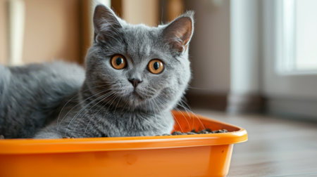 Cute British Shorthair cat in litter box at homeの素材