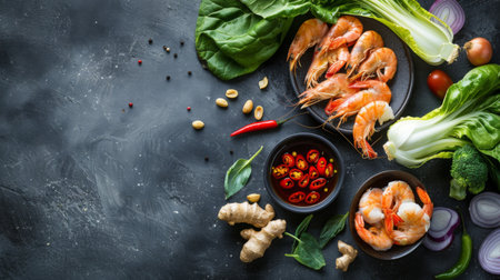 Flying wok ingredients - shrimp, vegetables, pak choi leaves, onions and peanuts. Asian food delivery. Chinese recipes. Wok preparation ingredients. Copy spaceの素材