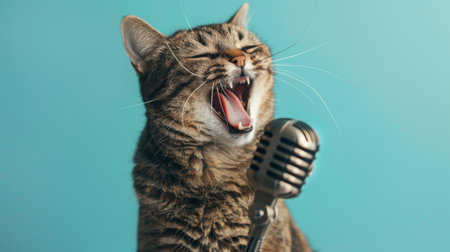 Funny emotional cat artist singing and holding a vintage metal microphone at a party on a pastel blue background. Pet singer, creative idea. Rockstarの素材