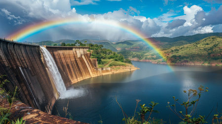 A rainbow arching over a dam and its reservoir after a rainfall, a colorful reminder of the symbiotic relationship between water and nature.の素材