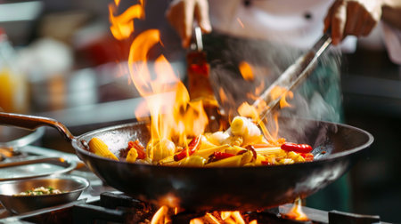 Chef stir fry in wok. Dramatic cooking with fire hard at kitchenの素材