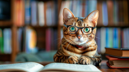 Funny bengal cat in glasses at a table with booksの素材