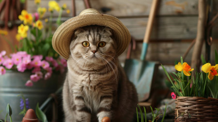 Portrait of a cute scottish fold cat wearing straw hat and sitting next to gardening tools and spring flowers. Funny cat gardener poster.の素材