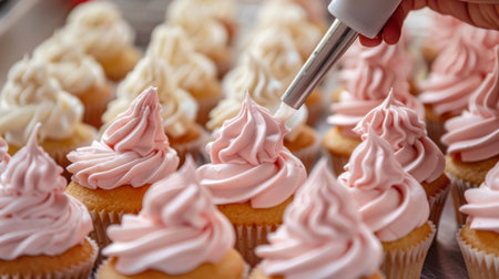 A baker piping swirls of fluffy buttercream frosting onto cupcakes, adding a finishing touch to these delightful sweet treats.の素材