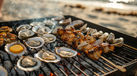 A beachfront barbecue gathering with friends, featuring a grill loaded with skewers of garlic buttered clams and grilled oysters.の素材
