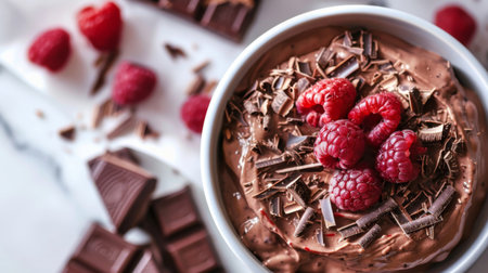 A bowl of creamy chocolate mousse with floating raspberries and chocolate shavings, a decadent dessert option for indulgence.の素材