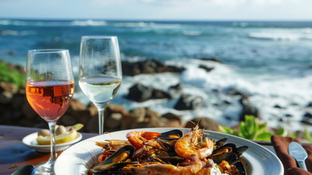 A beachside restaurant serving a seafood platter featuring grilled mussels, prawns, and calamari, against a scenic ocean backdrop.の素材