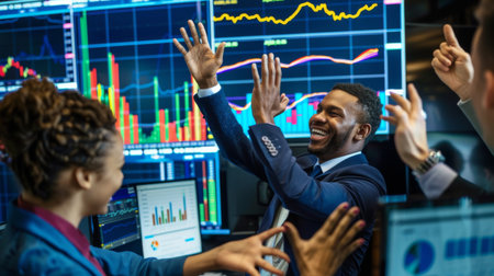 A business team celebrating success with high-fives and smiles in front of a screen displaying positive stock market graphs.の素材