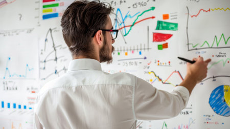 A businessman brainstorming investment ideas while sketching financial graphs and charts on a whiteboard.の素材