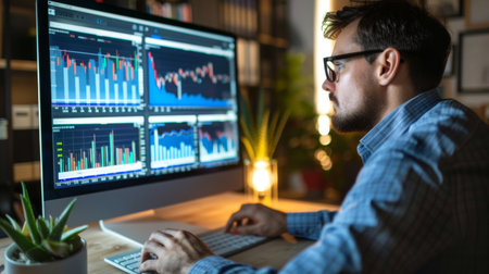 A businessman analyzing stock market trends on a computer screen filled with financial graphs.の素材