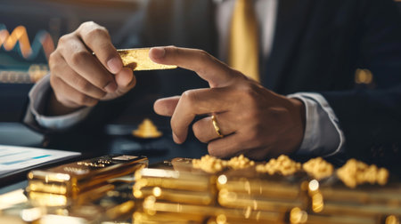 A businessman pointing to a chart showing gold price performance over time during a presentation.の素材