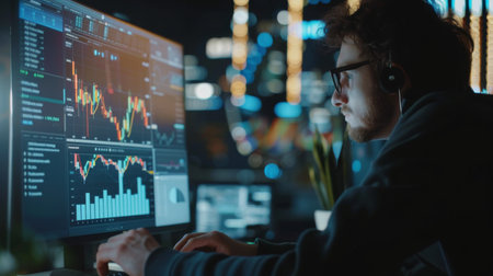 A businessman analyzing stock market trends on a computer screen filled with financial graphs.の素材