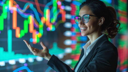 A businesswoman confidently presenting a financial report filled with colorful stock market graphs to her team.の素材