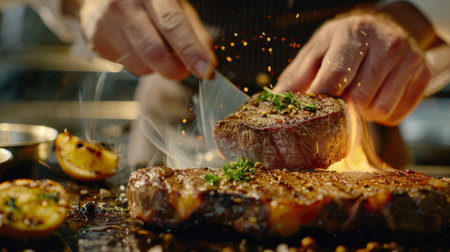 A chef expertly seasoning a premium cut of steak before grilling, showcasing the artistry of steak preparation.の素材