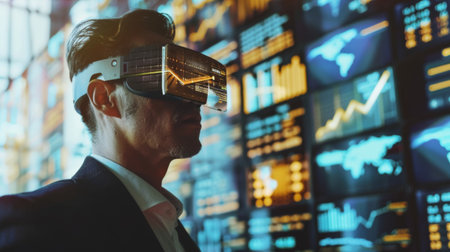 A businessman using augmented reality glasses to visualize gold market data and trends in a futuristic finance concept.の素材