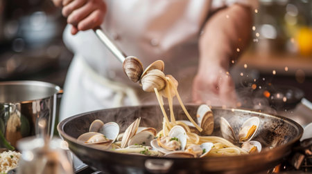 A chef preparing a gourmet linguine alle vongole dish, tossing freshly cooked clams in a flavorful garlic and white wine sauce.の素材