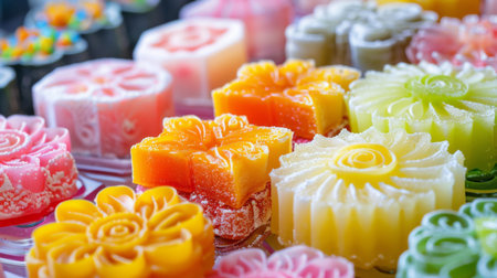 A close-up of colorful Thai desserts like Khanom Thai and Thong Yot, highlighting the intricacy of Thai sweets.の素材