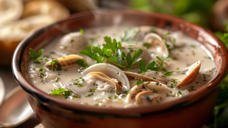 A close-up of a steaming bowl of clam chowder garnished with fresh herbs, inviting the viewer to savor the flavors.の素材