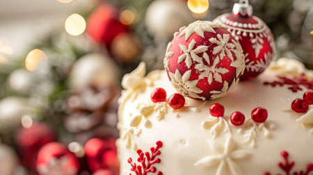 A close-up of a festive holiday cake decorated with edible ornaments and festive designs, bringing joy and sweetness to celebrations.の素材