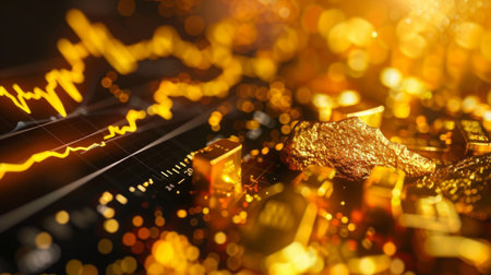 A close-up of a gold price chart displayed on a computer screen, showing fluctuations and trends.の素材
